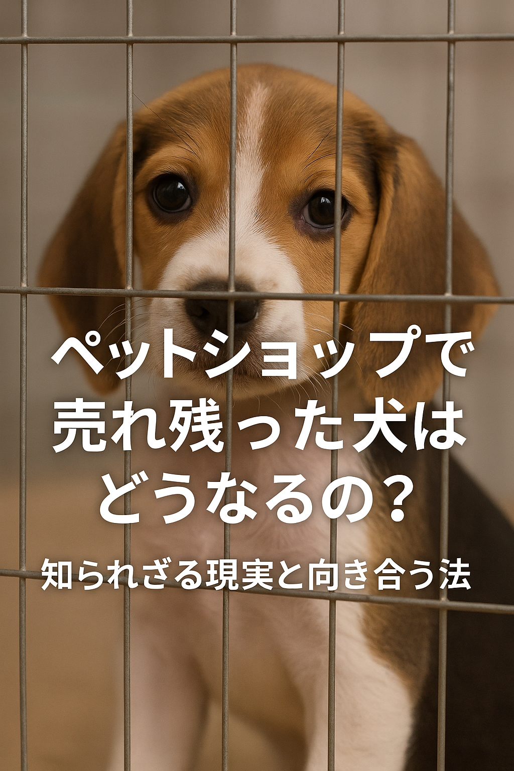 ペットショップのケージ越しにこちらを見つめるビーグルの子犬。売れ残り問題を訴えるメッセージが日本語で書かれている。